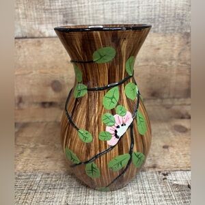 Vintage NSP Hand Painted Pottery Made in Italy Brown Floral 6.5” Pink Flowers